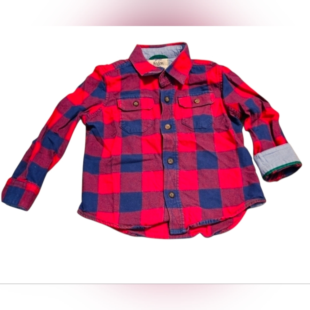 Mini Boden Brushed Flannel Button Down Shirt Navy Red Buffalo Checked Plaid 2-3Y